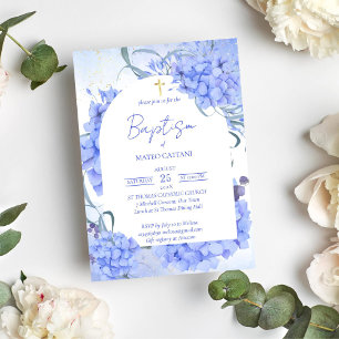 Blue hydrangeas elegant floral arch baptism invitation