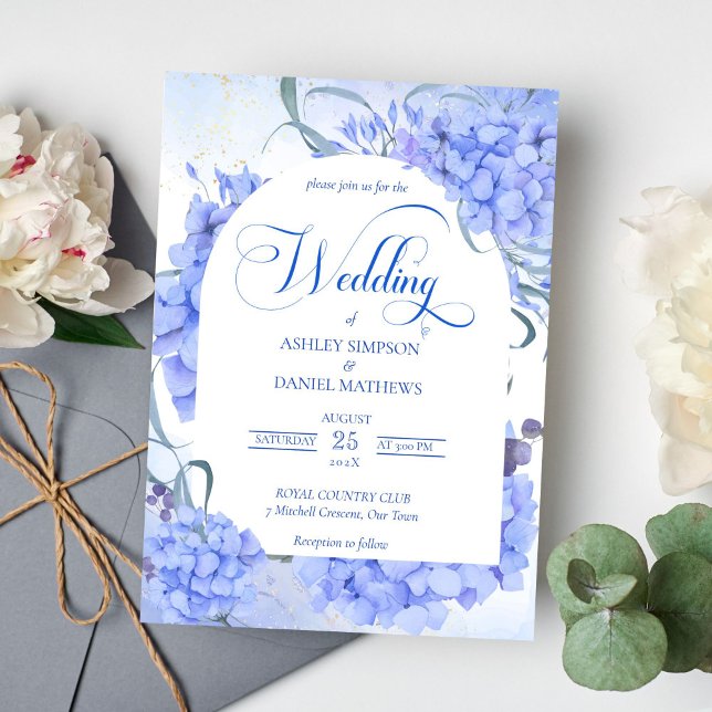 Blue hydrangeas elegant floral wedding invitation (Blue hydrangea floral arch calligraphy script wedding invitation)