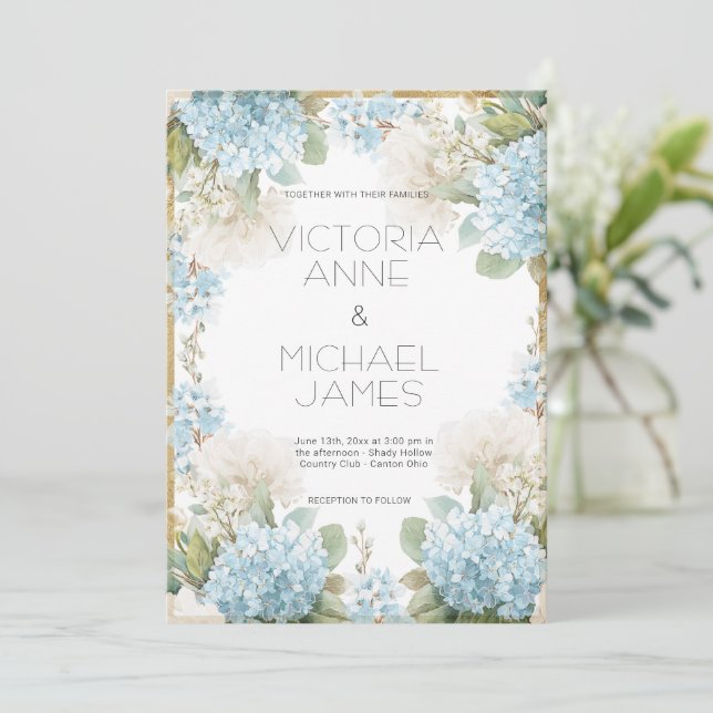 Blue Hydrangeas Elegant Wedding  Invitation (Standing Front)