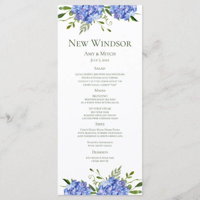 Blue Hydrangeas Engagement Party Menu (Front)