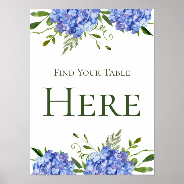Blue Hydrangeas Find Your Table Here Poster (Front)