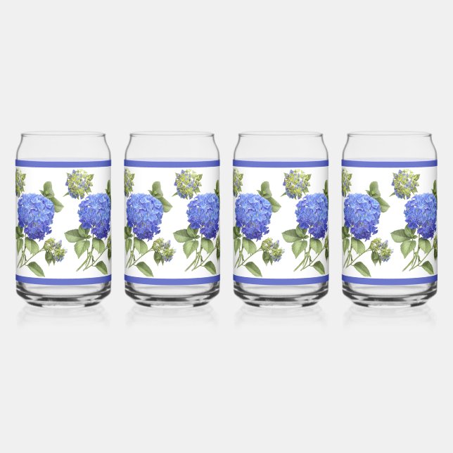Blue Hydrangeas Floral Botanical Art Can Glass (Front)