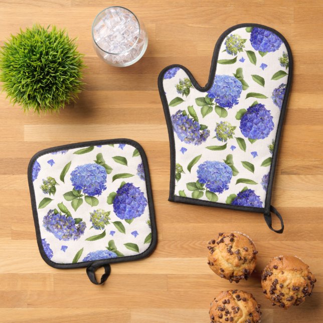 Blue Hydrangeas Floral Botanical Art Oven Mitt & Pot Holder Set (Top Down)
