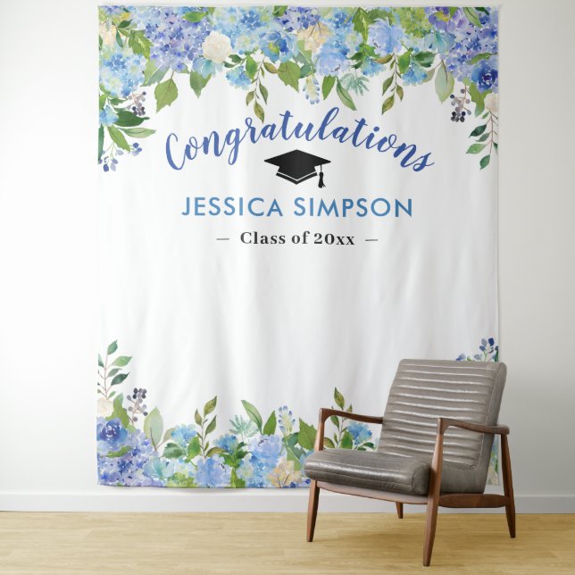 Blue Hydrangeas Floral Grad Photo Grad Backdrop Tapestry (In Situ)