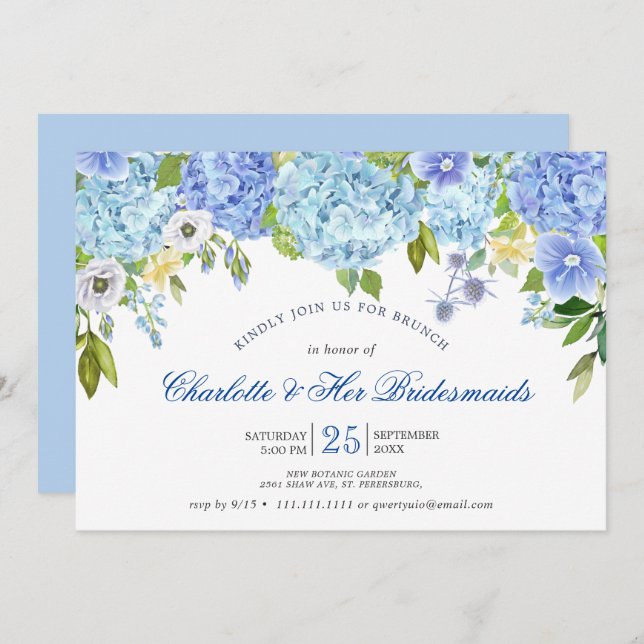 Blue Hydrangeas Floral Greenery Bridesmaids Brunch Invitation (Front/Back)