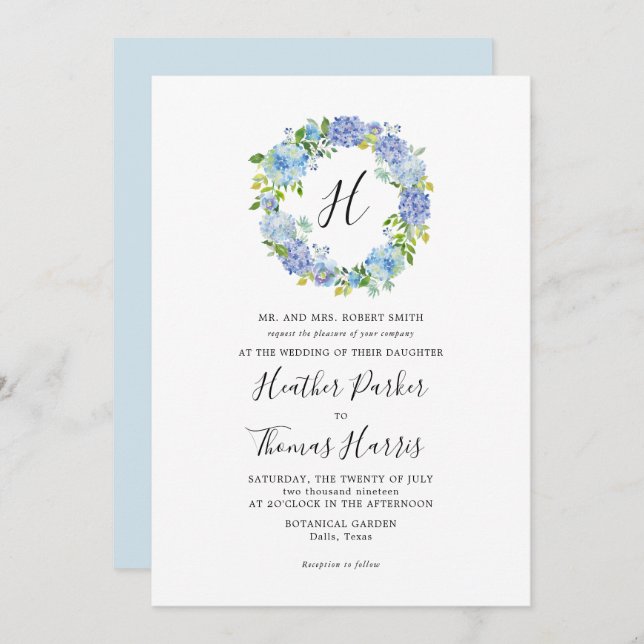 Blue Hydrangeas Floral Monogram Wedding Invitation (Front/Back)