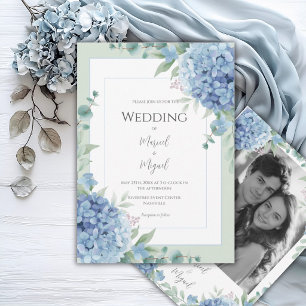 Blue Hydrangeas Floral Photo Elegant Wedding Invitation