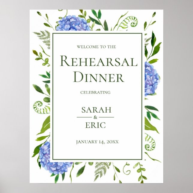 Blue Hydrangeas Floral Rehearsal Dinner Sign (Front)