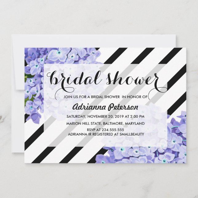 Blue Hydrangeas Floral Stripes Bridal Shower Invitation (Front)