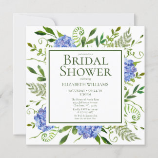 Blue Hydrangeas Floral Watercolor Bridal Shower Invitation