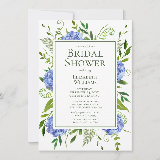 Blue Hydrangeas Floral Watercolor Bridal Shower Invitation (Front)