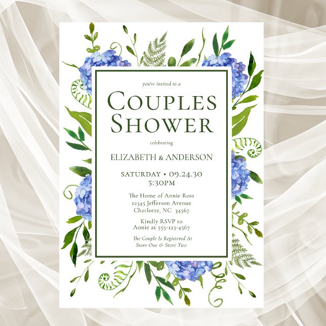 Blue Hydrangeas Floral Watercolor Couples Shower Invitation (Creator Uploaded)
