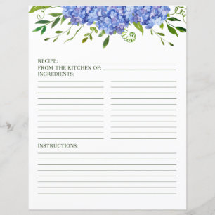 Blue Hydrangeas Floral Watercolor Recipe Page