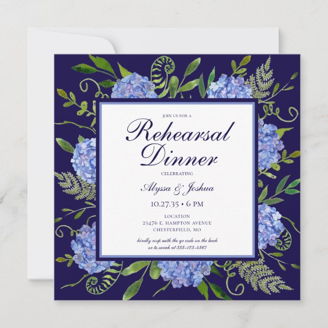 Blue Hydrangeas Floral Watercolor Rehearsal Dinner Invitation (Front)