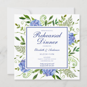 Blue Hydrangeas Floral Watercolor Rehearsal Dinner Invitation