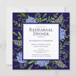Blue Hydrangeas Floral Watercolor Rehearsal Dinner Invitation