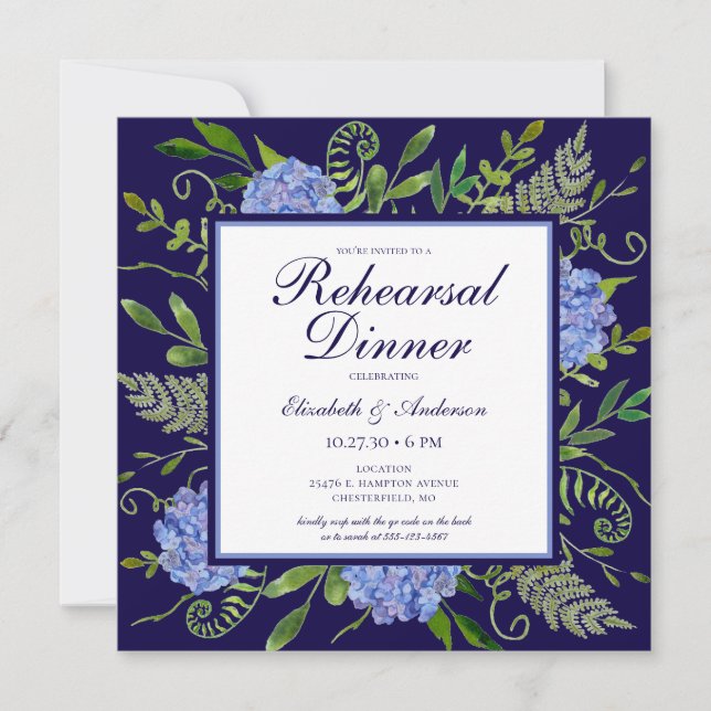 Blue Hydrangeas Floral Watercolor Rehearsal Dinner Invitation (Front)