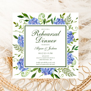 Blue Hydrangeas Floral Watercolor Rehearsal Dinner Invitation