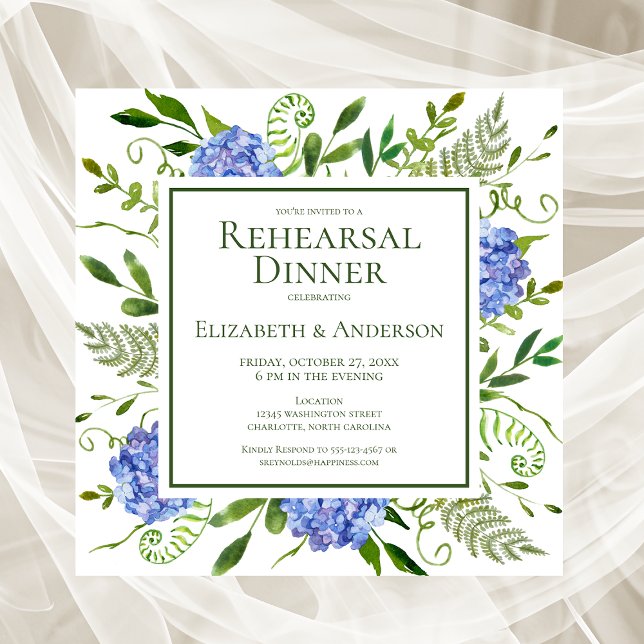 Blue Hydrangeas Floral Watercolor Rehearsal Dinner Invitation (Creator Uploaded)