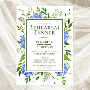 Blue Hydrangeas Floral Watercolor Rehearsal Dinner Invitation