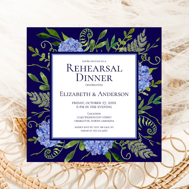 Blue Hydrangeas Floral Watercolor Rehearsal Dinner Invitation (Creator Uploaded)