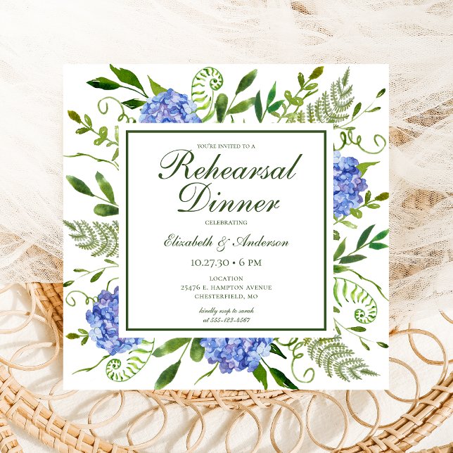 Blue Hydrangeas Floral Watercolor Rehearsal Dinner Invitation (Creator Uploaded)