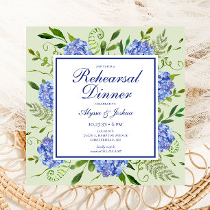 Blue Hydrangeas Floral Watercolor Rehearsal Dinner Invitation