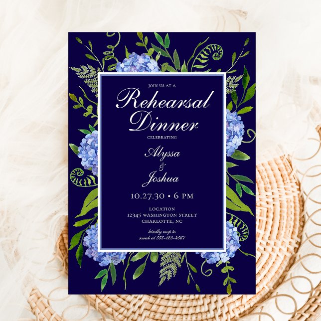 Blue Hydrangeas Floral Watercolor Rehearsal Dinner Invitation (Creator Uploaded)