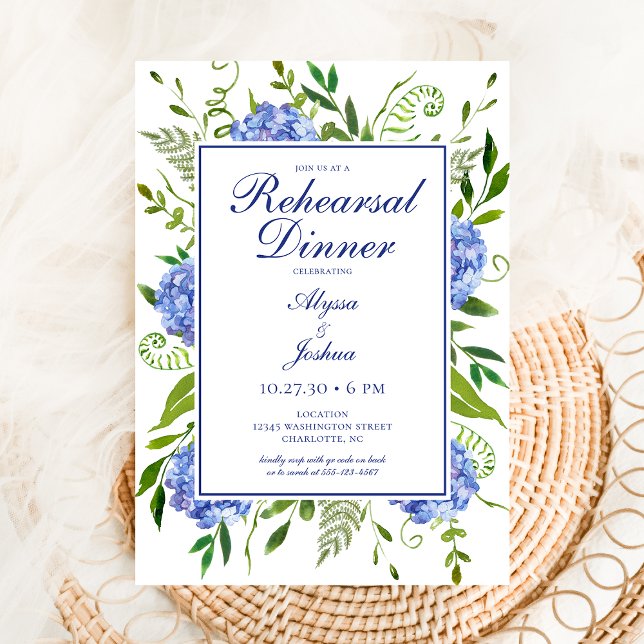 Blue Hydrangeas Floral Watercolor Rehearsal Dinner Invitation (Creator Uploaded)