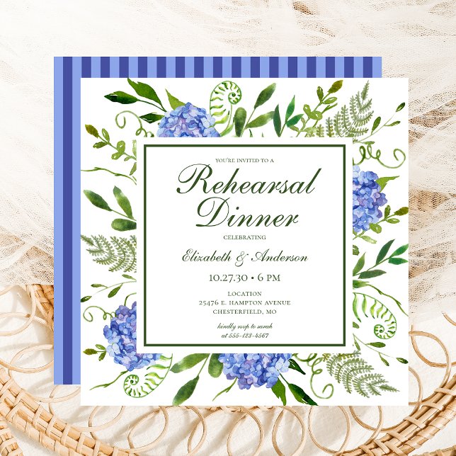 Blue Hydrangeas Floral Watercolor Rehearsal Dinner Invitation (Creator Uploaded)
