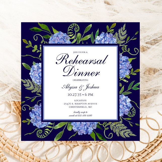 Blue Hydrangeas Floral Watercolor Rehearsal Dinner Invitation (Creator Uploaded)