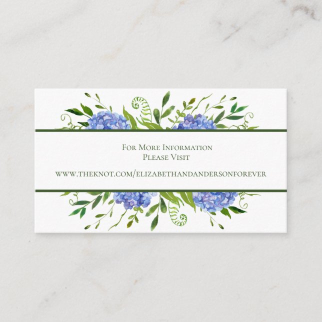 Blue Hydrangeas Floral Watercolor Wedding Website Enclosure Card (Front)