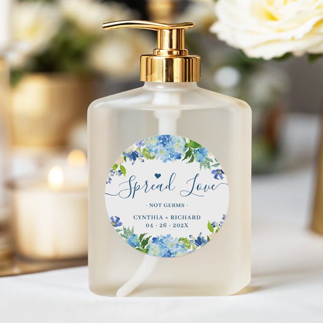 Blue Hydrangeas Floral Wedding Favour Sanitizer Classic Round Sticker (Creator Uploaded)