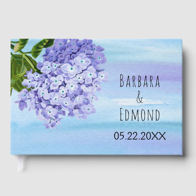 Blue hydrangeas floral wedding guest book (Front)