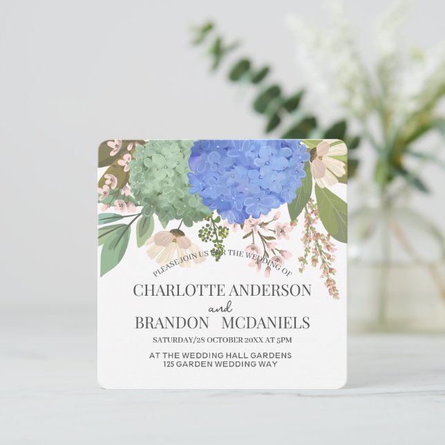 Blue Hydrangeas Floral Wedding  Invitation (Standing Front)