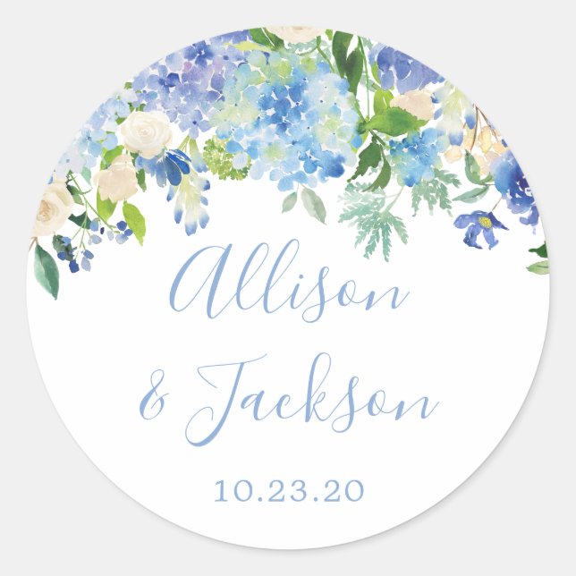 Blue Hydrangeas Floral Wedding Round Sticker (Front)