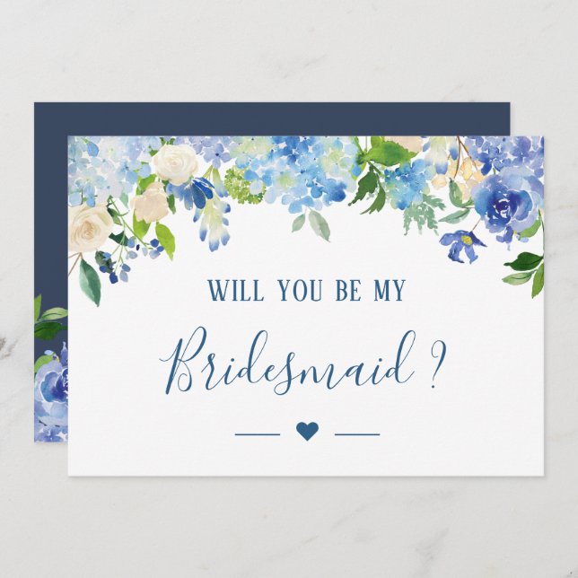 Blue Hydrangeas Floral Will You Be My Bridesmaid Invitation (Front/Back)