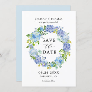 Blue Hydrangeas Floral Wreath Save the Dates Cards