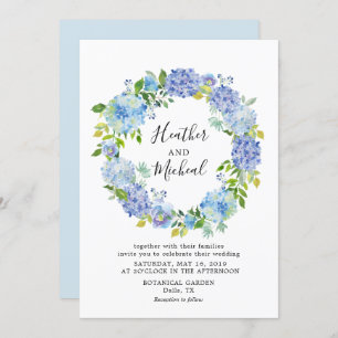 Blue Hydrangeas Floral Wreath Wedding Invitation