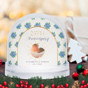 Blue Hydrangeas Gold Custom Photo 25th Anniversary Snowglobe