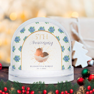 Blue Hydrangeas Gold Custom Photo 5th Anniversary Snowglobe