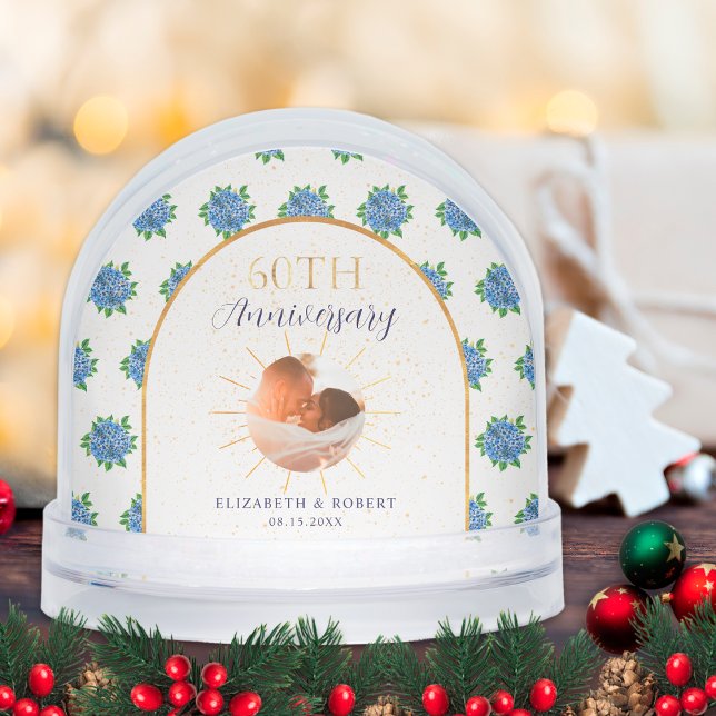Blue Hydrangeas Gold Custom Photo 60th Anniversary Snowglobe (Creator Uploaded)