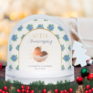 Blue Hydrangeas Gold Custom Photo 65th Anniversary Snowglobe