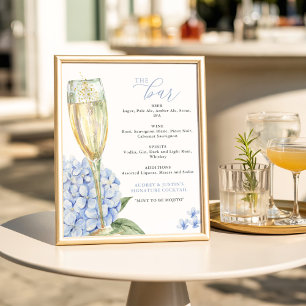 Blue Hydrangeas & Gold Glass Bar Menu Poster
