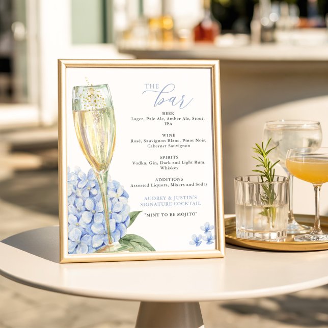 Blue Hydrangeas & Gold Glass Bar Menu Poster (Creator Uploaded)