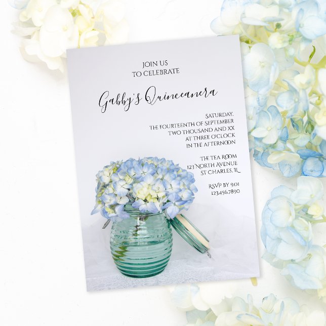 Blue Hydrangeas in Jar Vase Quinceanera Party Invitation (Creator Uploaded)