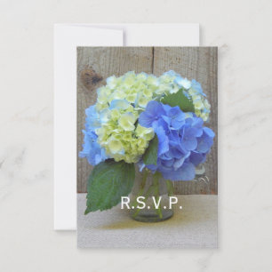 Blue Hydrangeas Mason Jar Rustic Wedding RSVP Card