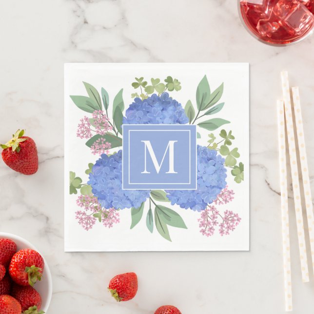Blue Hydrangeas Modern Bouquet Custom Monogram  Napkin (Insitu)