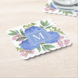 Blue Hydrangeas Modern Bouquet Custom Monogram  Paper Coaster