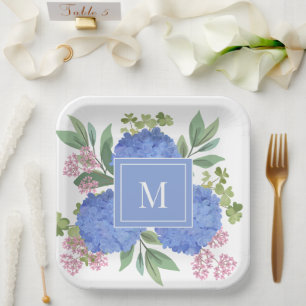 Blue Hydrangeas Modern Bouquet Custom Monogram  Paper Plate